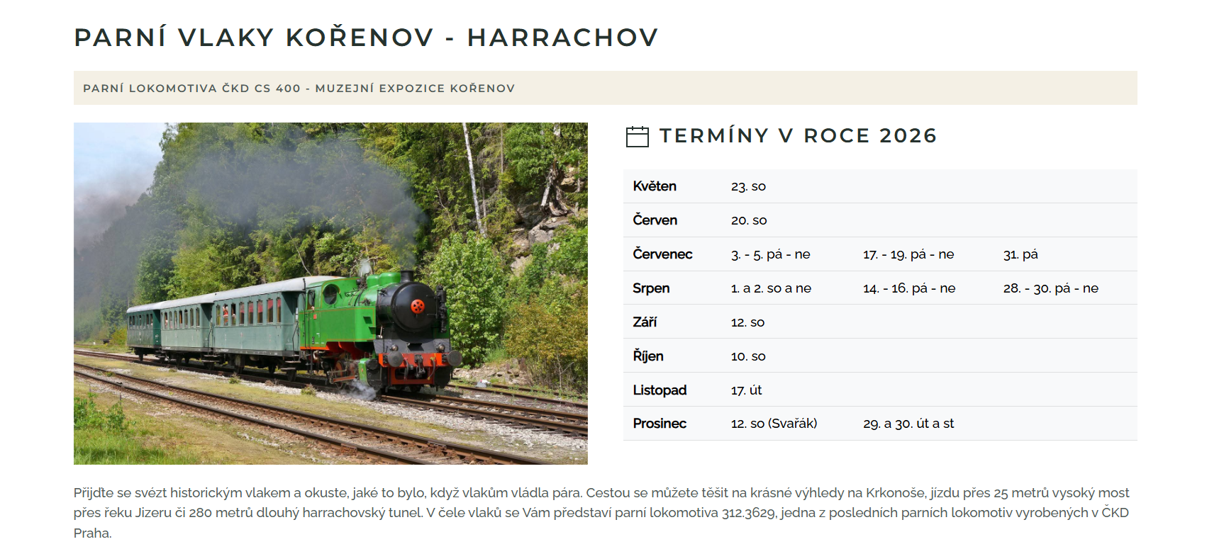 Parní vlaky Kořenov - Harrachov 2026 Zubačka